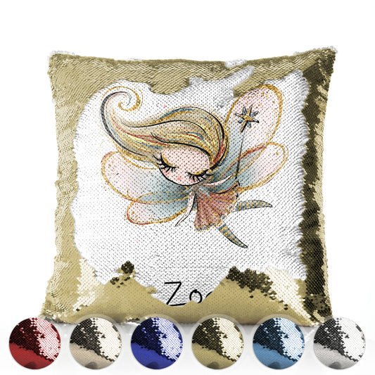 Personalised Sequin Cushion with Cute Text and Gold Wand Blonde Hair Fairy