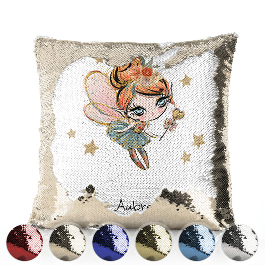Personalised Sequin Cushion with Cute Text and Floating Star Red Hair Fairy