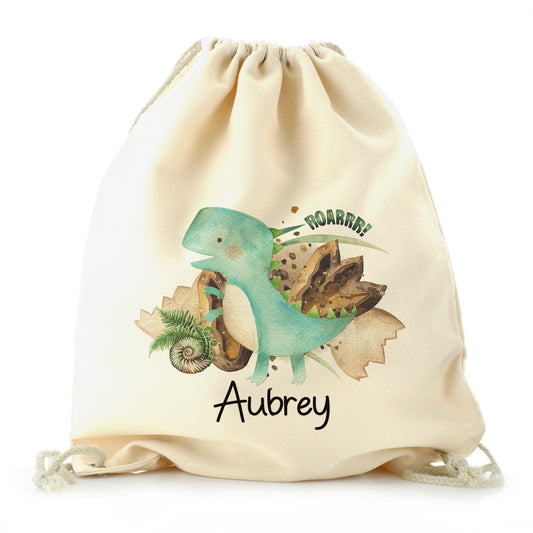 Personalised Canvas Drawstring Backpack with Name and Blue T-Rex