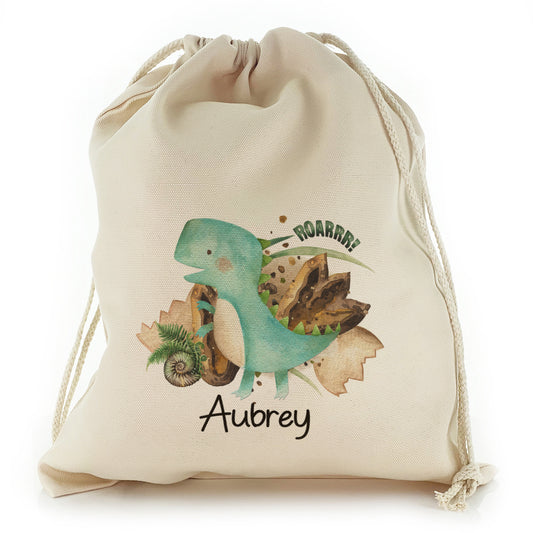 Personalised Canvas Sack with Name and Blue T-Rex
