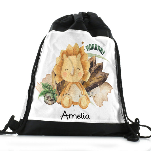 Personalised Drawstring Backpack with Name and Orange Triceratops