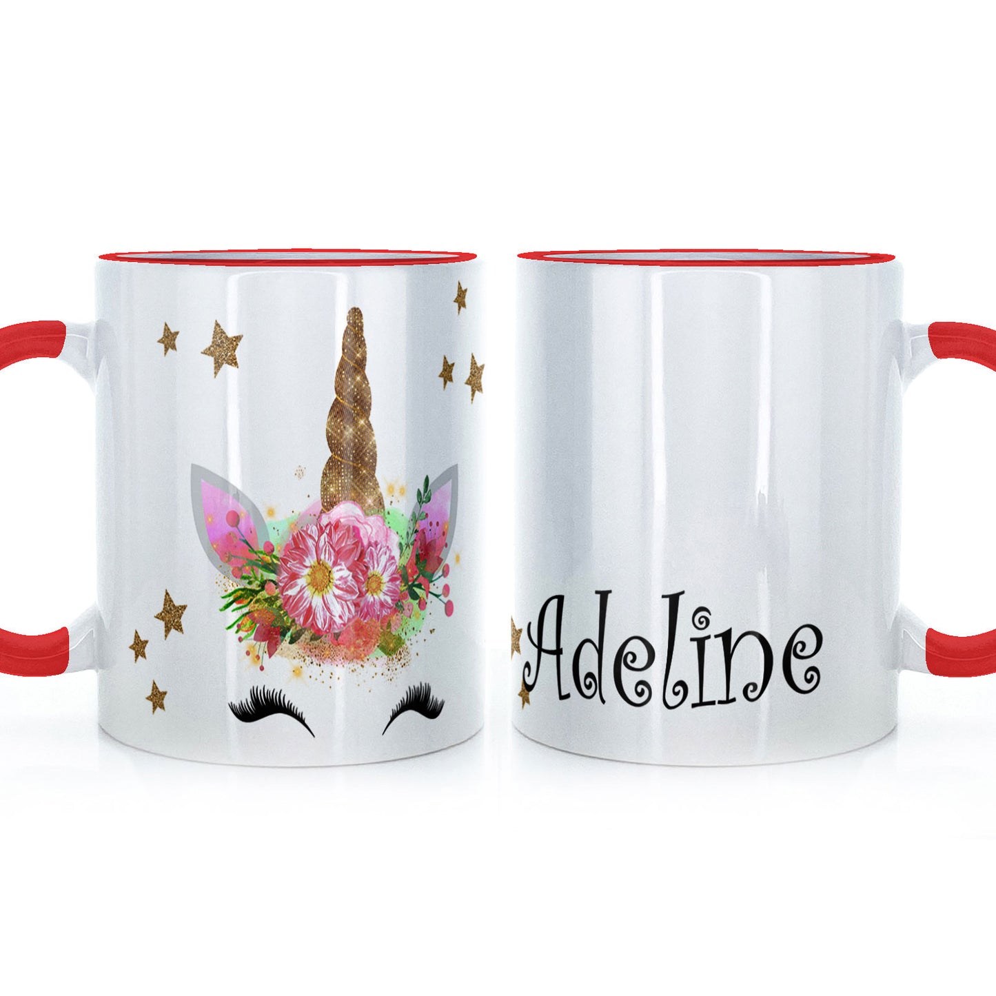 Personalised Mug with Mystical Text and Happy Gold Floral Unicorn