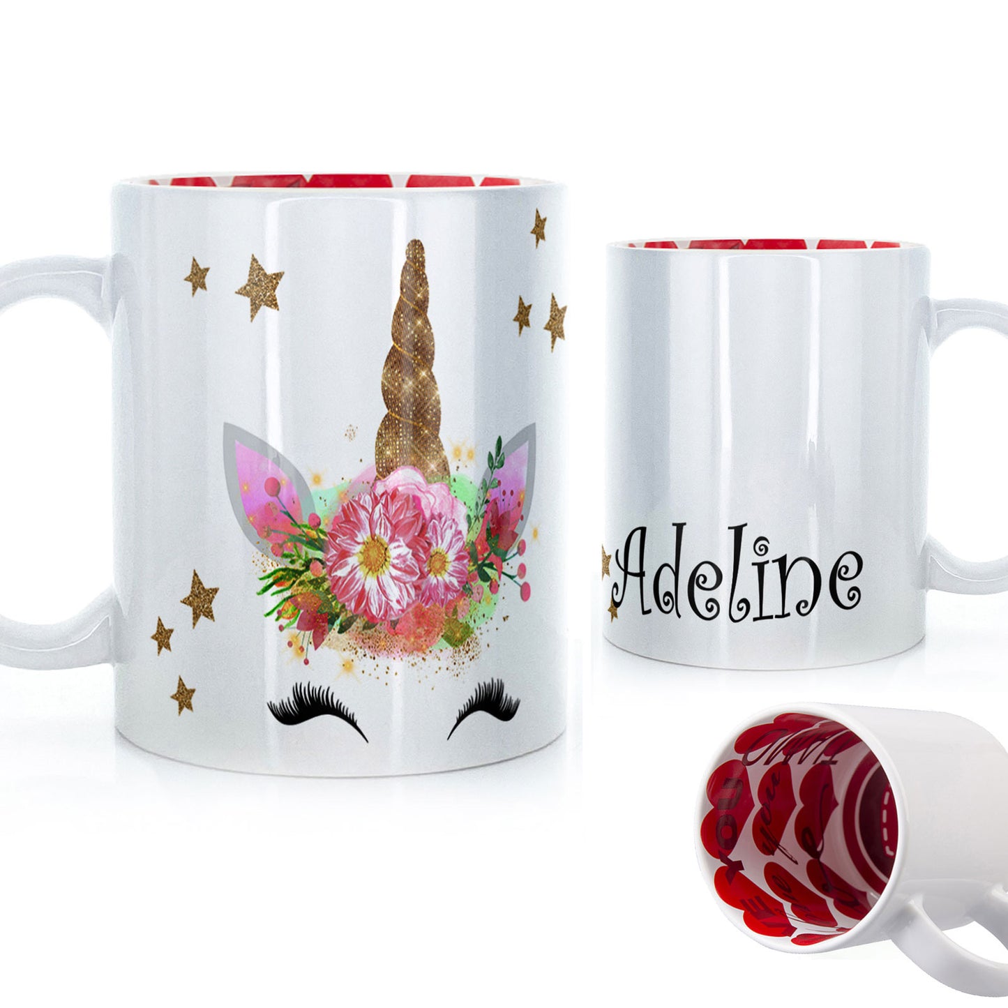 Personalised Mug with Mystical Text and Happy Gold Floral Unicorn