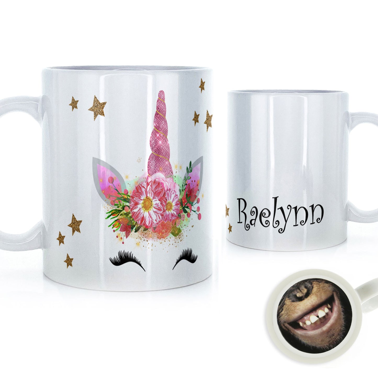 Personalised Mug with Mystical Text and Happy Pink Floral Unicorn