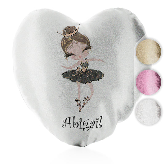 Personalised Glitter Heart Cushion with Cute Text and Light Brown Hair Black Dress Tiara Ballerina