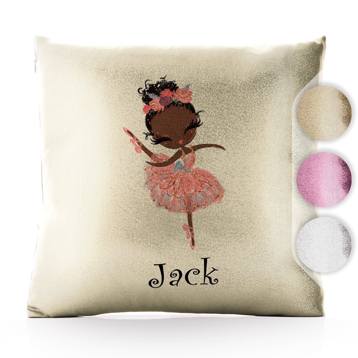 Personalised Glitter Cushion with Cute Text and Black Hair Pink Dress Ballerina