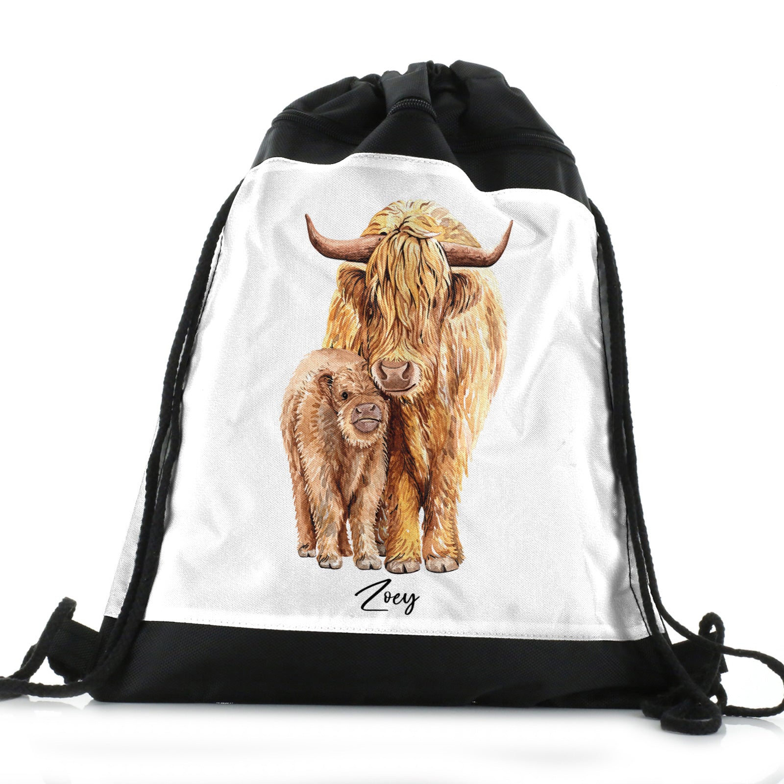 Personalised Drawstring Backpack with Welcoming Text and Relaxing Mum and Baby Highland Cows
