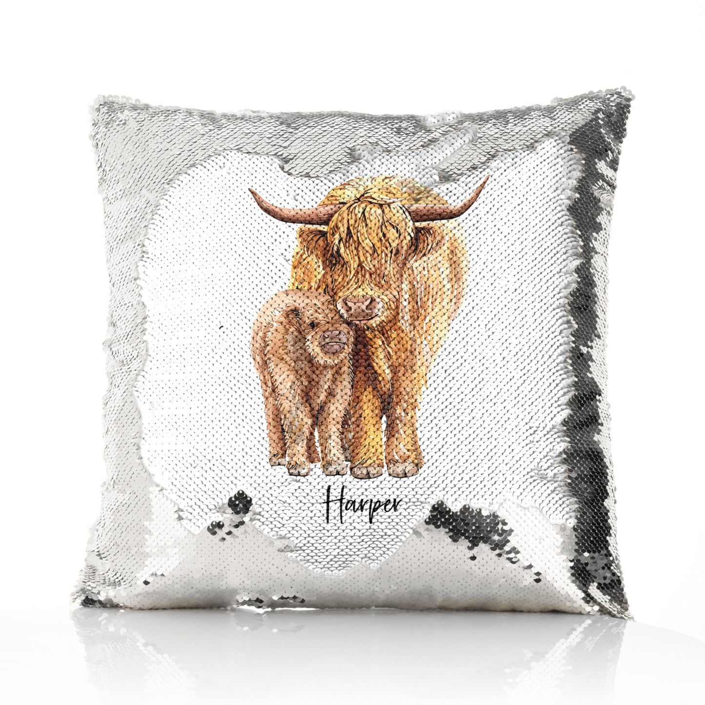 Personalised Sequin Cushion with Welcoming Text and Relaxing Mum and Baby Highland Cows