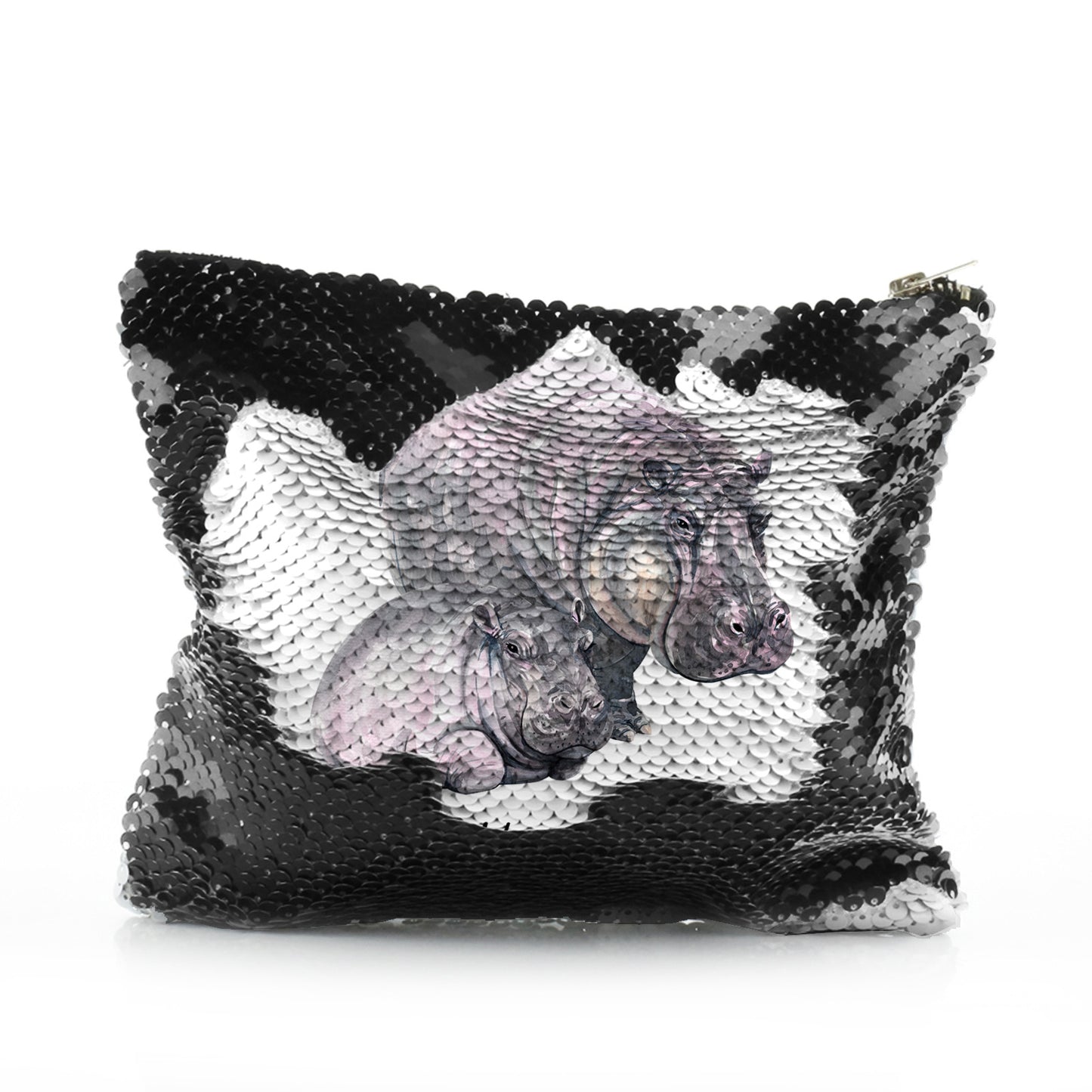 Personalised Sequin Zip Bag with Welcoming Text and Relaxing Mum and Baby Hippos