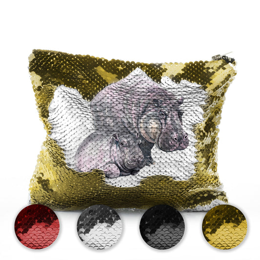 Personalised Sequin Zip Bag with Welcoming Text and Relaxing Mum and Baby Hippos