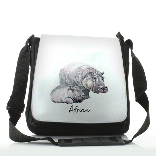 Personalised Shoulder Bag with Welcoming Text and Relaxing Mum and Baby Hippos