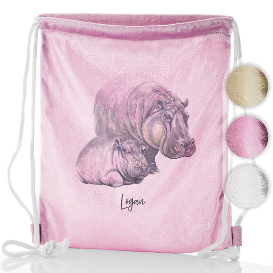 Personalised Glitter Drawstring Backpack with Welcoming Text and Relaxing Mum and Baby Hippos