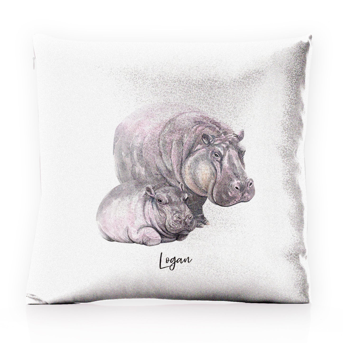 Personalised Glitter Cushion with Welcoming Text and Relaxing Mum and Baby Hippos