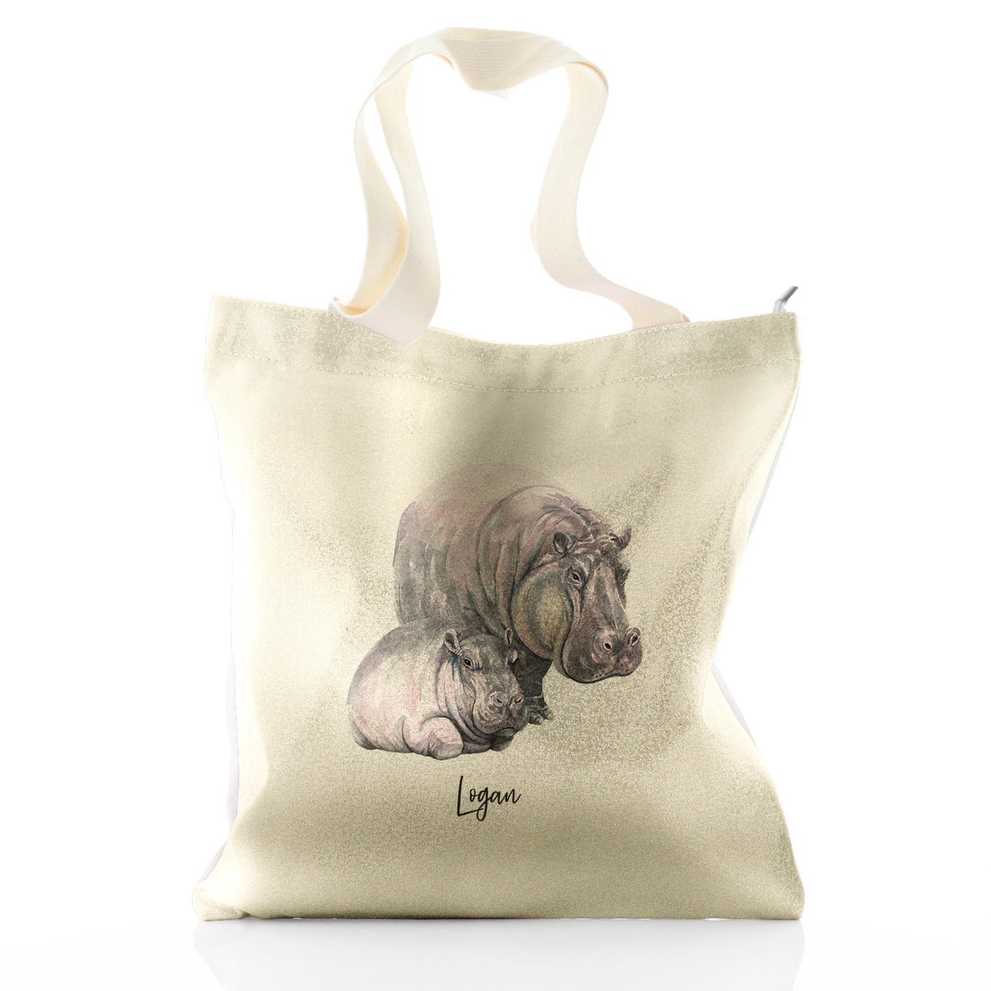 Personalised Glitter Tote Bag with Welcoming Text and Relaxing Mum and Baby Hippos