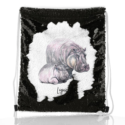 Personalised Sequin Drawstring Backpack with Welcoming Text and Relaxing Mum and Baby Hippos