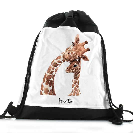 Personalised Drawstring Backpack with Welcoming Text and Relaxing Mum and Baby Giraffes