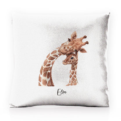 Personalised Glitter Cushion with Welcoming Text and Relaxing Mum and Baby Giraffes
