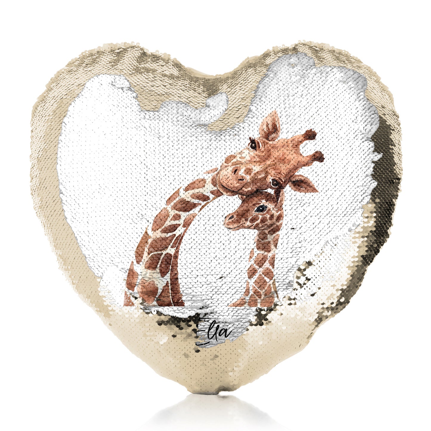 Personalised Sequin Heart Cushion with Welcoming Text and Relaxing Mum and Baby Giraffes