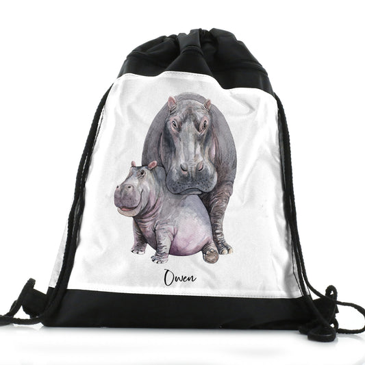 Personalised Drawstring Backpack with Welcoming Text and Embracing Mum and Baby Hippos