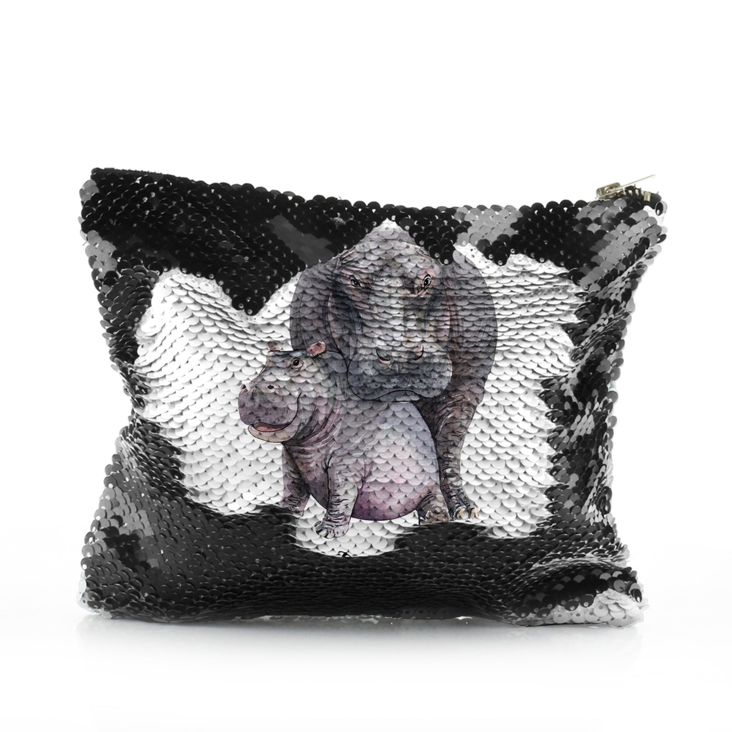 Personalised Sequin Zip Bag with Welcoming Text and Embracing Mum and Baby Hippos