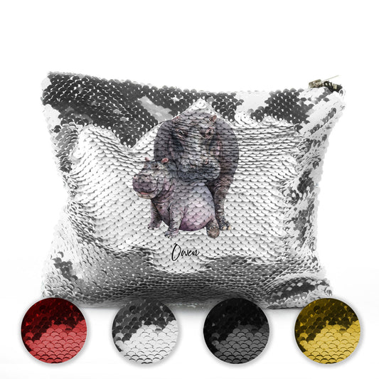 Personalised Sequin Zip Bag with Welcoming Text and Embracing Mum and Baby Hippos