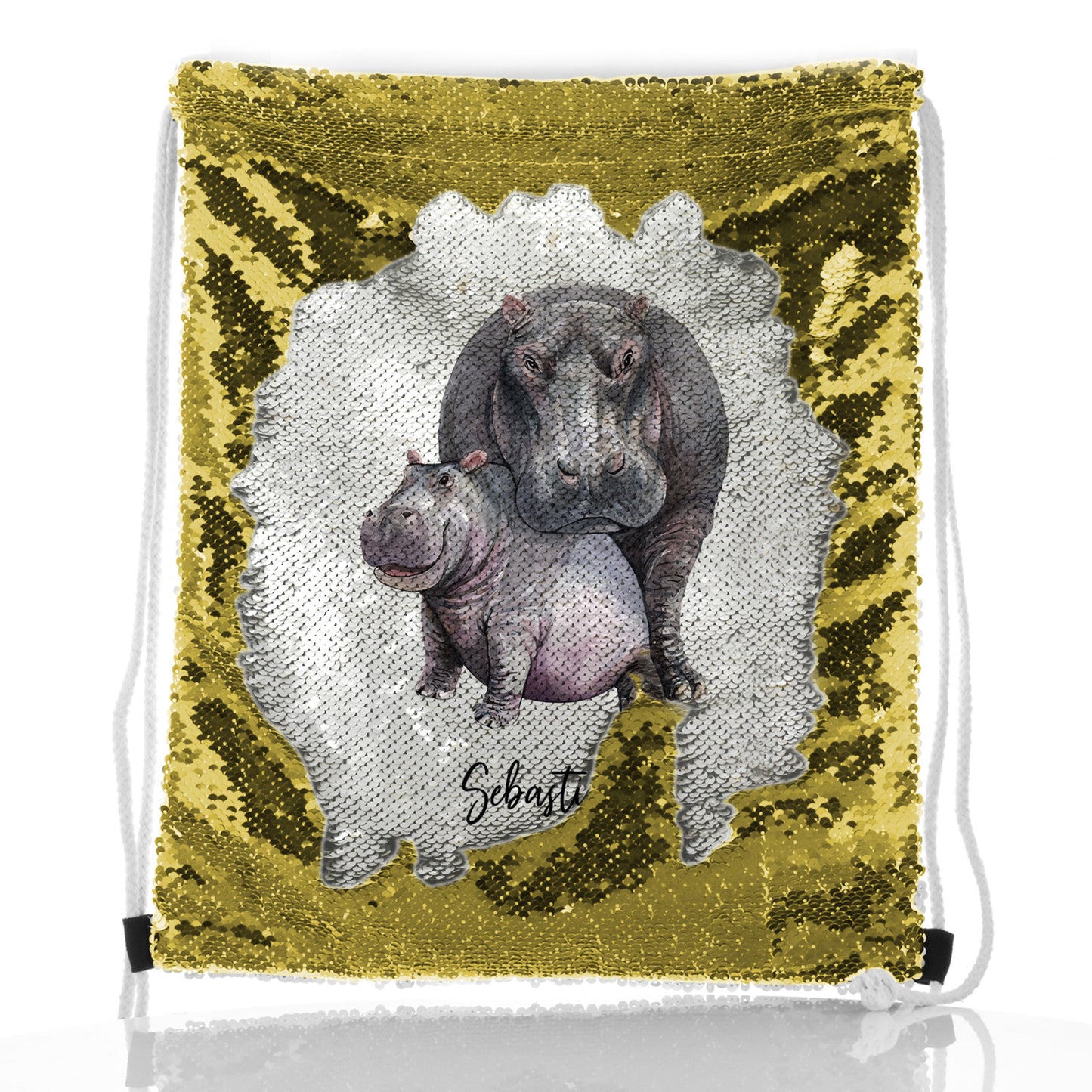 Personalised Sequin Drawstring Backpack with Welcoming Text and Embracing Mum and Baby Hippos