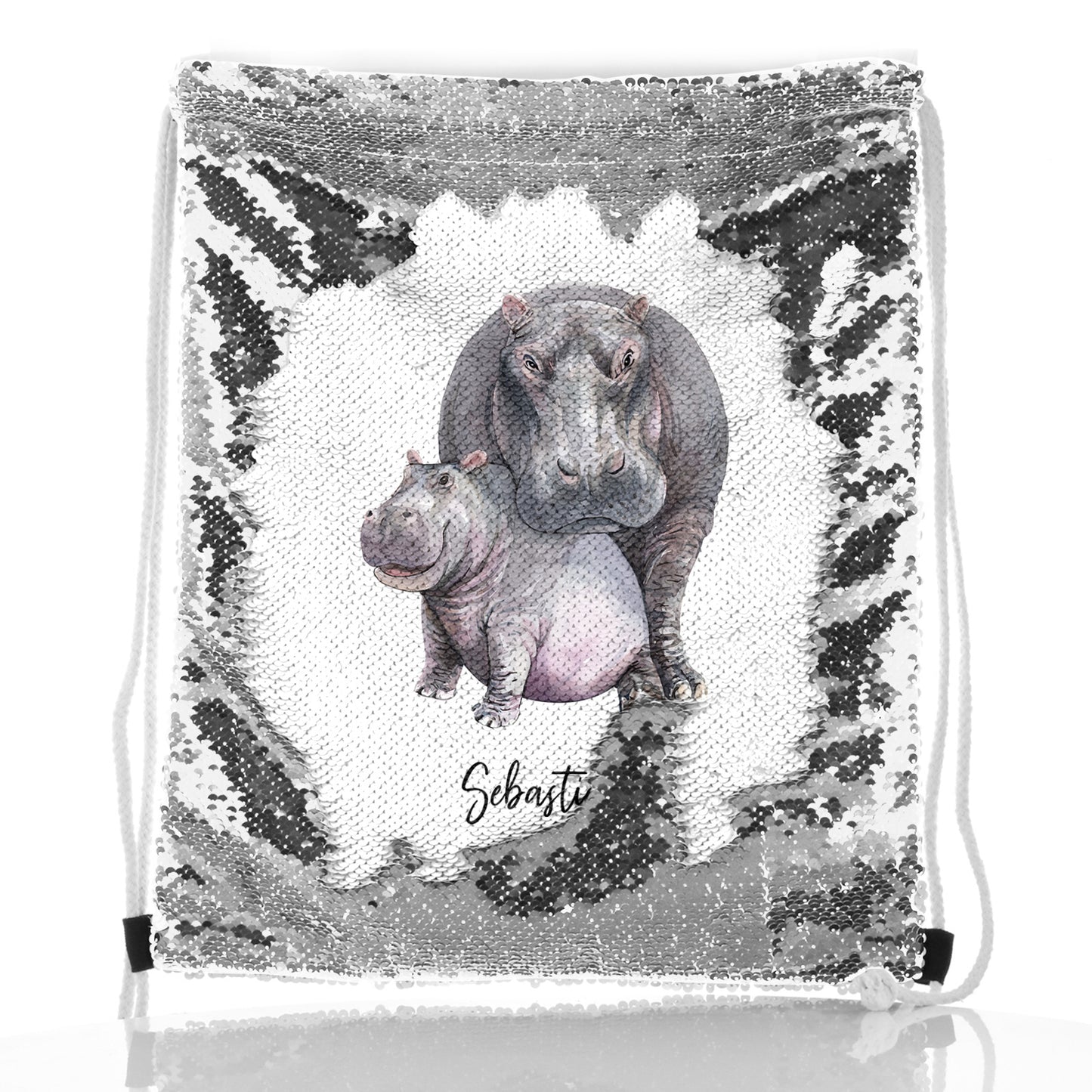 Personalised Sequin Drawstring Backpack with Welcoming Text and Embracing Mum and Baby Hippos