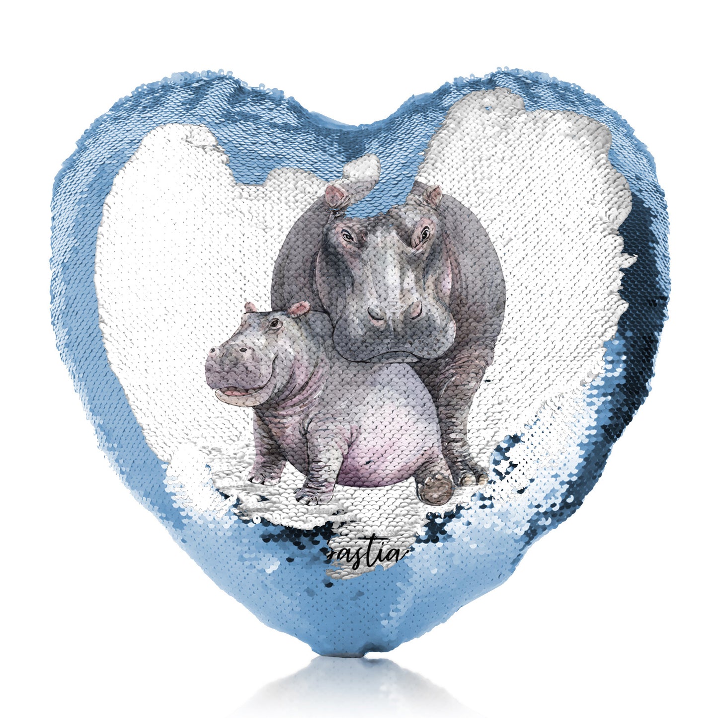 Personalised Sequin Heart Cushion with Welcoming Text and Embracing Mum and Baby Hippos