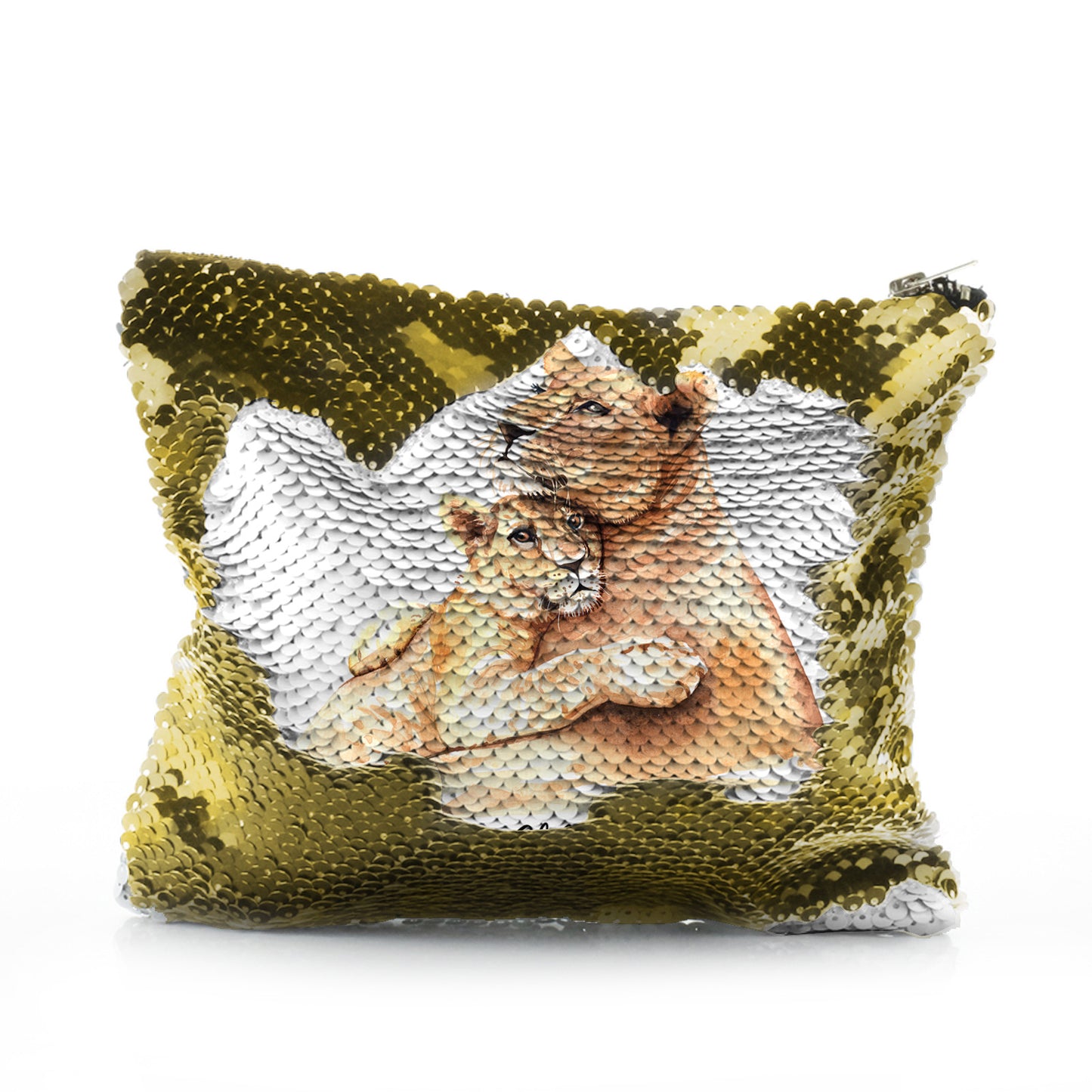 Personalised Sequin Zip Bag with Welcoming Text and Embracing Mum and Baby Lions