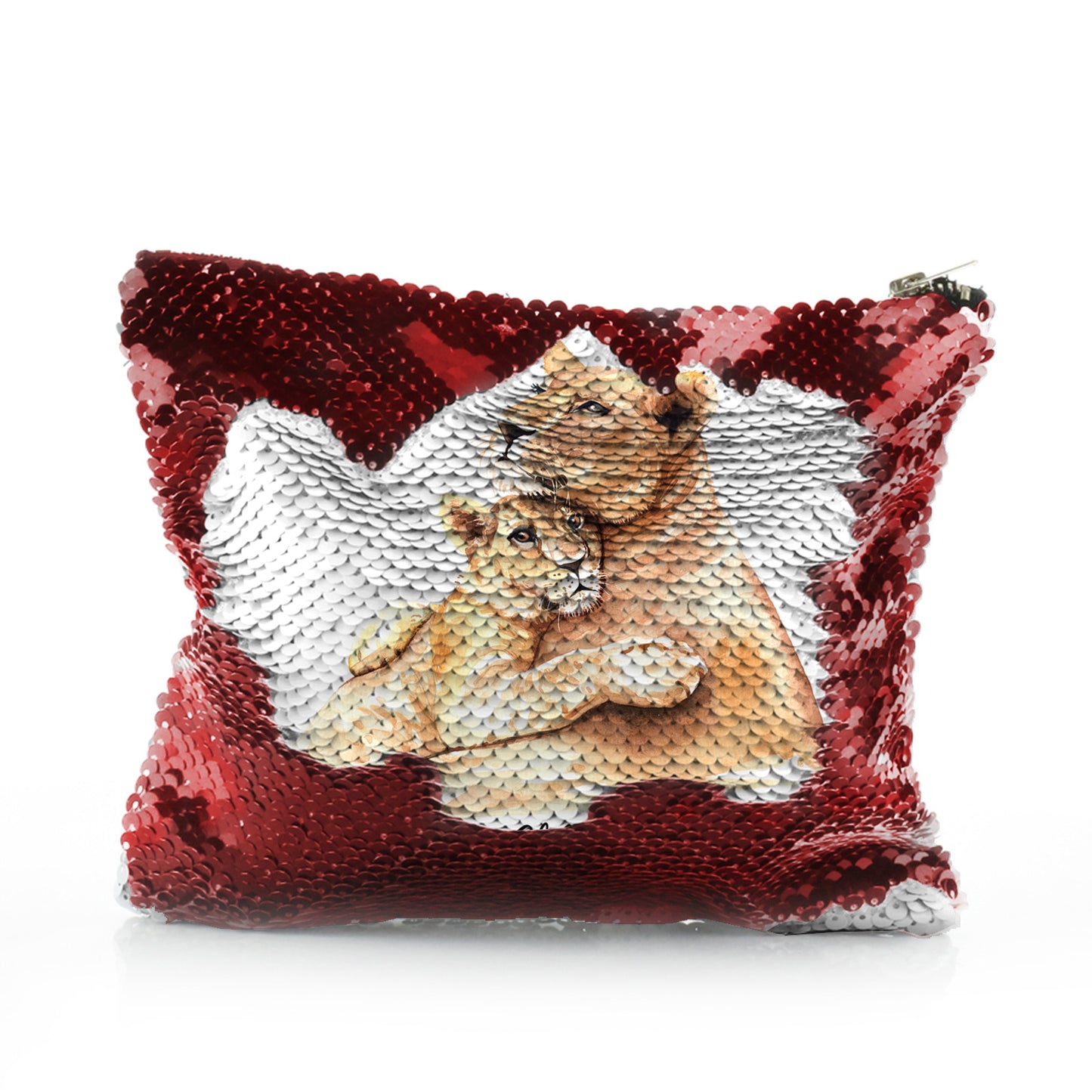 Personalised Sequin Zip Bag with Welcoming Text and Embracing Mum and Baby Lions