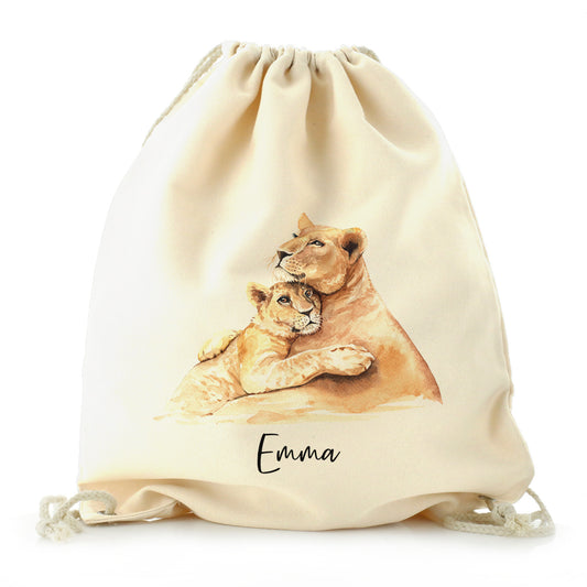 Personalised Canvas Drawstring Backpack with Welcoming Text and Embracing Mum and Baby Lions