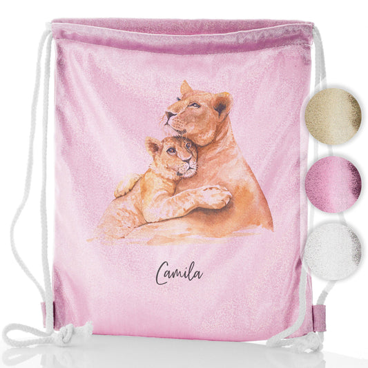 Personalised Glitter Drawstring Backpack with Welcoming Text and Embracing Mum and Baby Lions