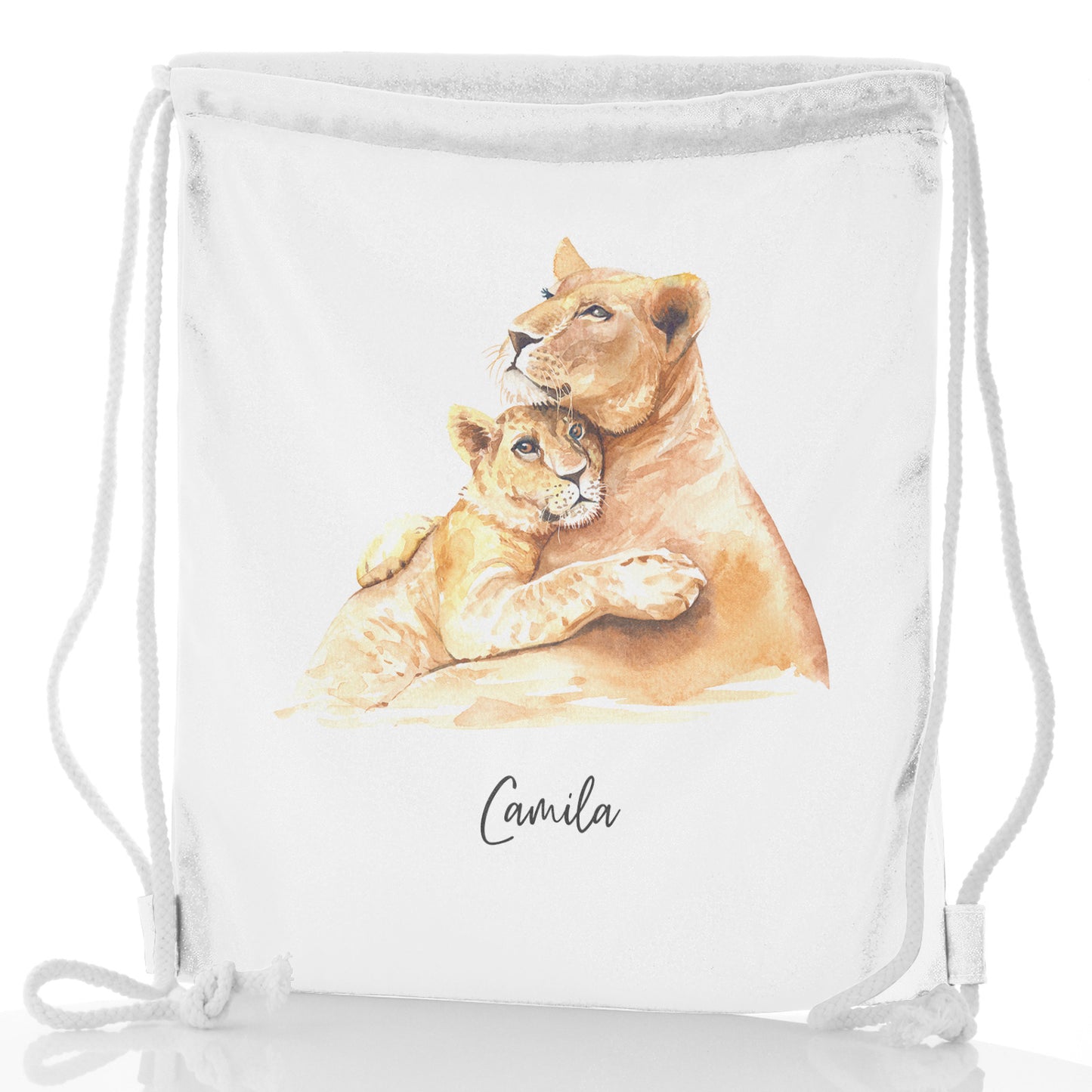 Personalised Glitter Drawstring Backpack with Welcoming Text and Embracing Mum and Baby Lions