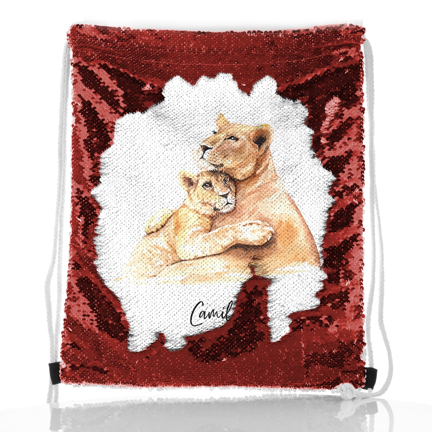 Personalised Sequin Drawstring Backpack with Welcoming Text and Embracing Mum and Baby Lions