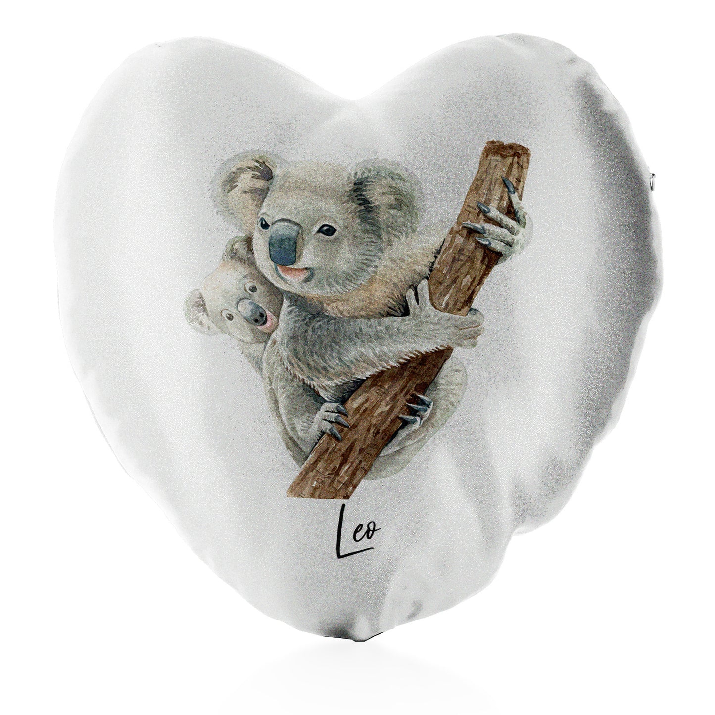 Personalised Glitter Heart Cushion with Welcoming Text and Climbing Mum and Baby Koalas