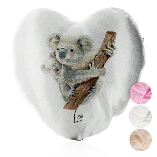 Personalised Glitter Heart Cushion with Welcoming Text and Climbing Mum and Baby Koalas