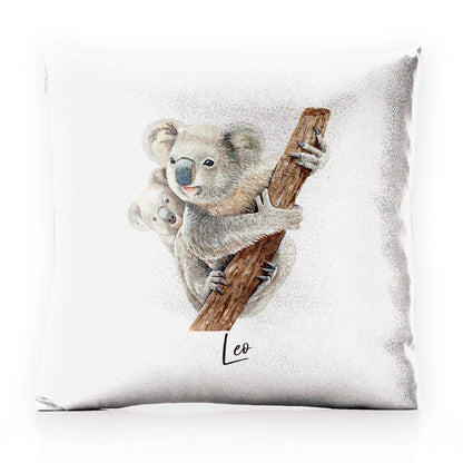 Personalised Glitter Cushion with Welcoming Text and Climbing Mum and Baby Koalas