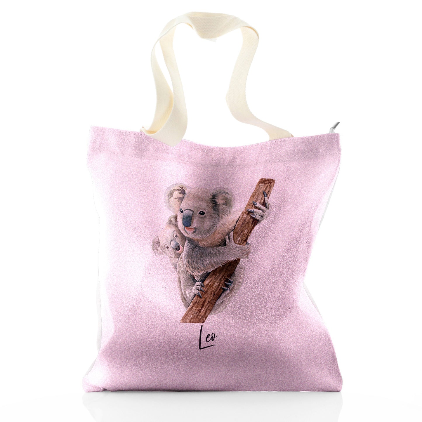Personalised Glitter Tote Bag with Welcoming Text and Climbing Mum and Baby Koalas