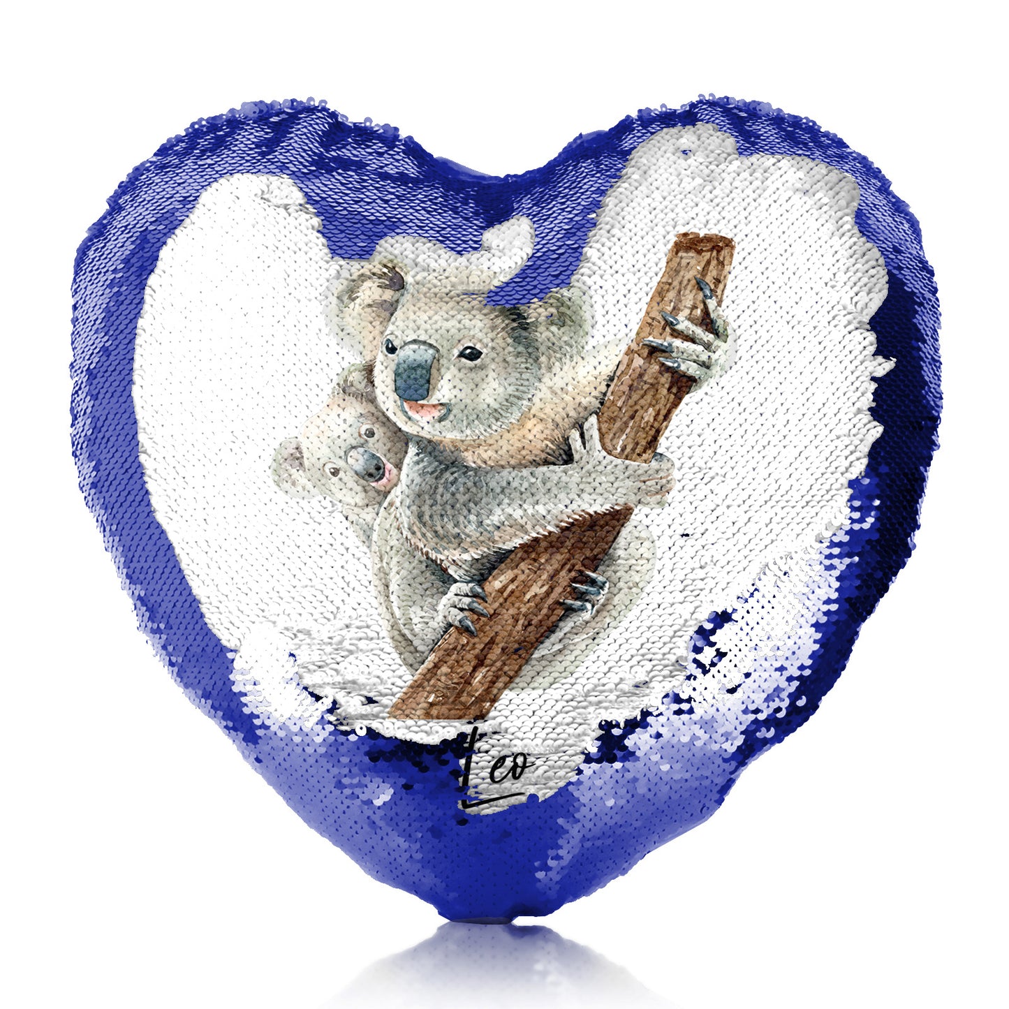 Personalised Sequin Heart Cushion with Welcoming Text and Climbing Mum and Baby Koalas