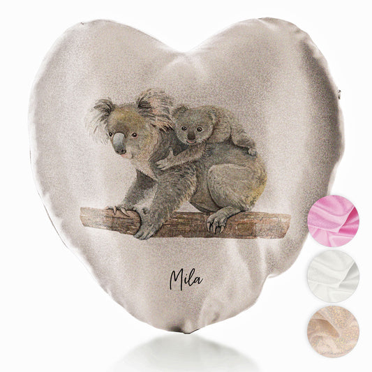 Personalised Glitter Heart Cushion with Welcoming Text and Embracing Mum and Baby Koalas
