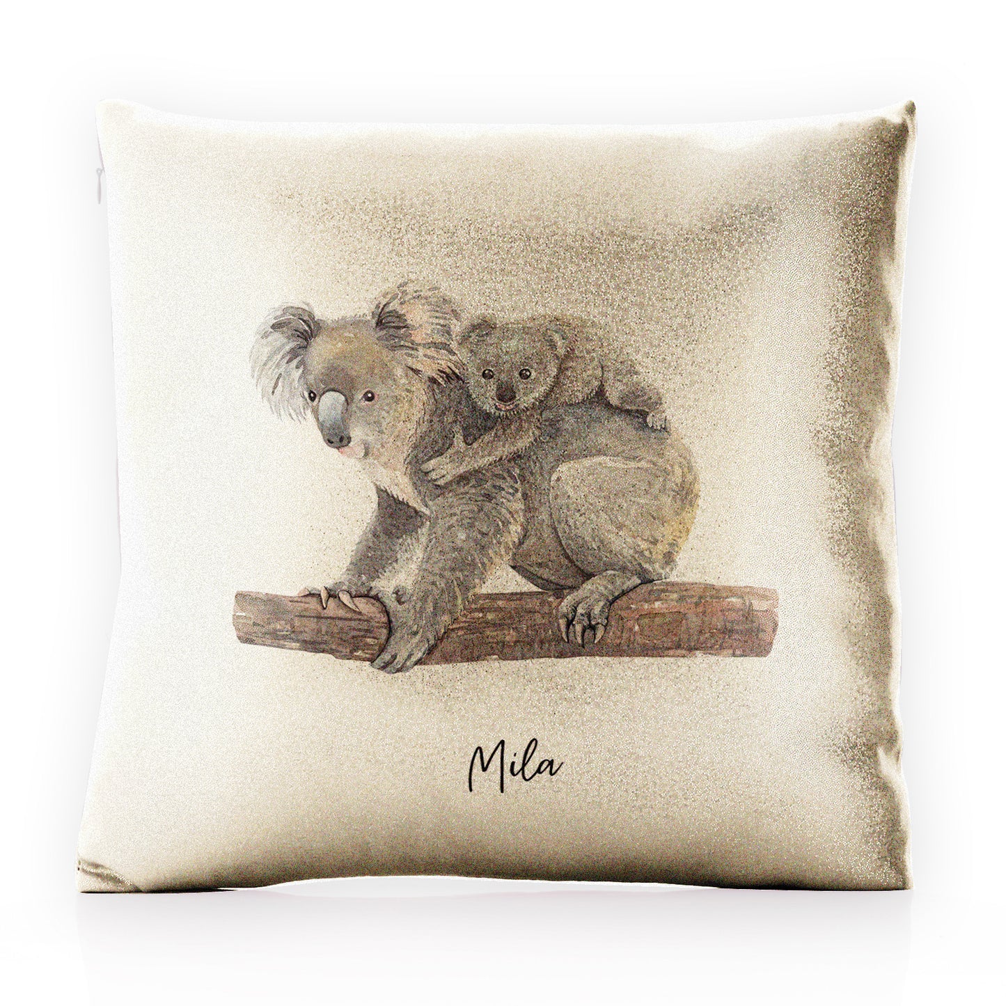 Personalised Glitter Cushion with Welcoming Text and Embracing Mum and Baby Koalas