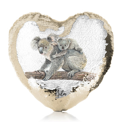 Personalised Sequin Heart Cushion with Welcoming Text and Embracing Mum and Baby Koalas