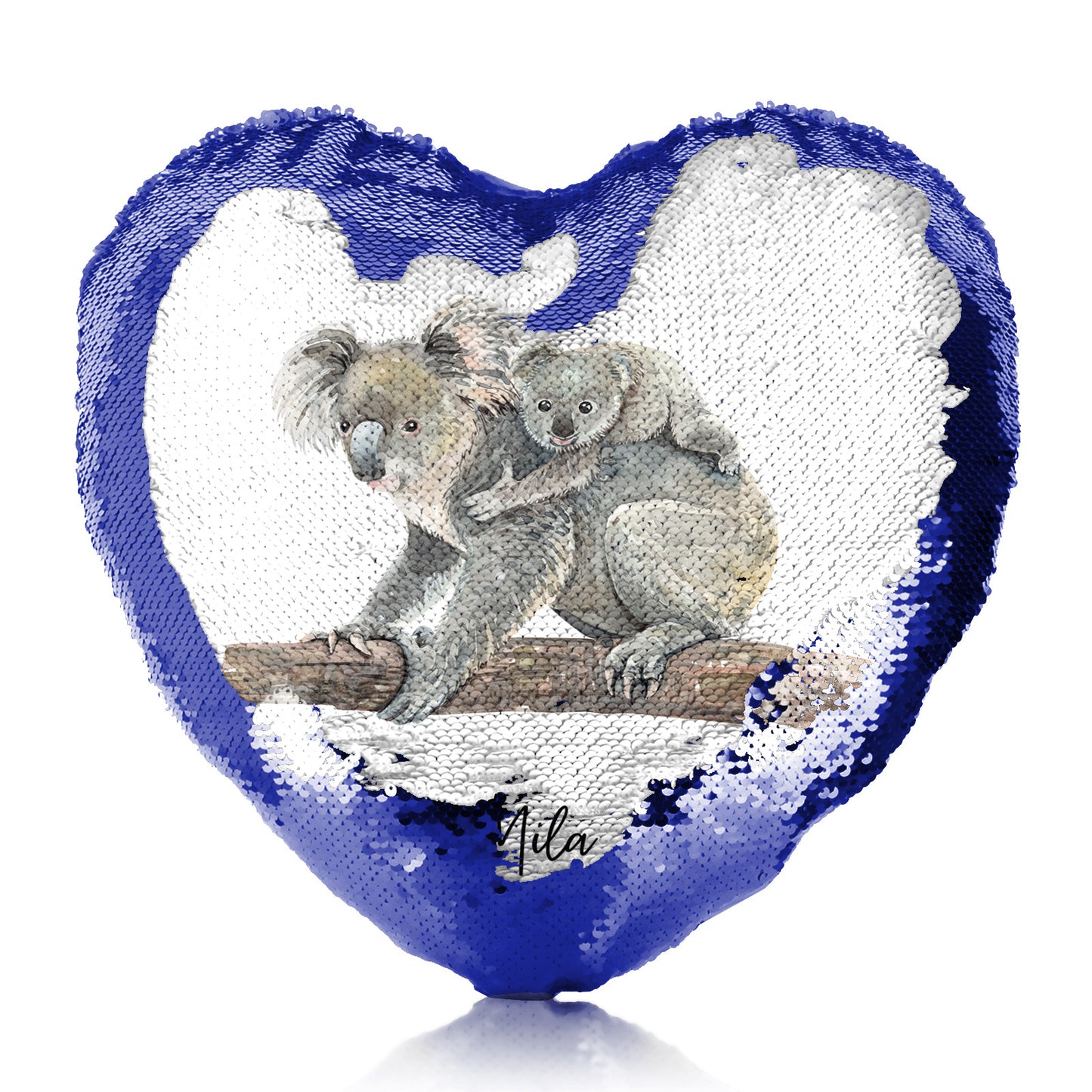 Personalised Sequin Heart Cushion with Welcoming Text and Embracing Mum and Baby Koalas