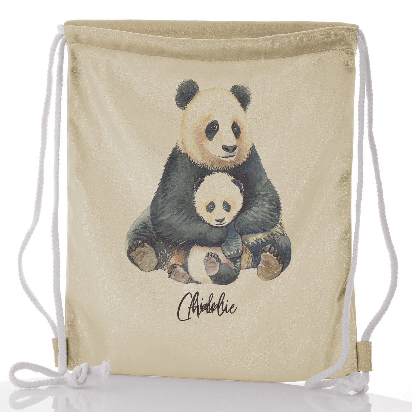 Personalised Glitter Drawstring Backpack with Welcoming Text and Relaxing Mum and Baby Pandas