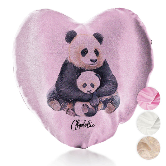 Personalised Glitter Heart Cushion with Welcoming Text and Relaxing Mum and Baby Pandas