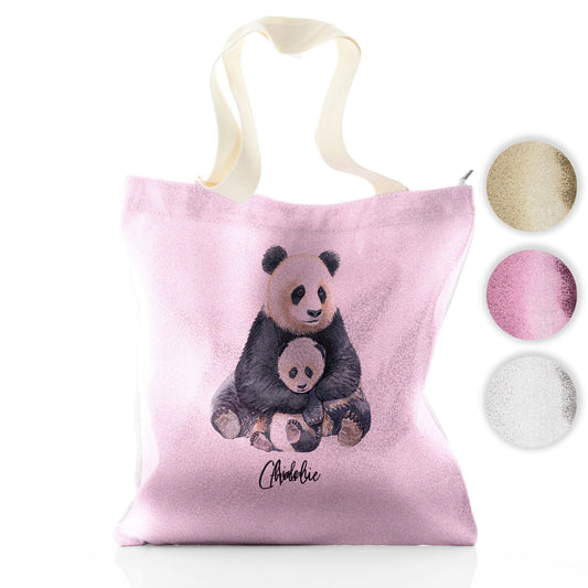 Personalised Glitter Tote Bag with Welcoming Text and Relaxing Mum and Baby Pandas