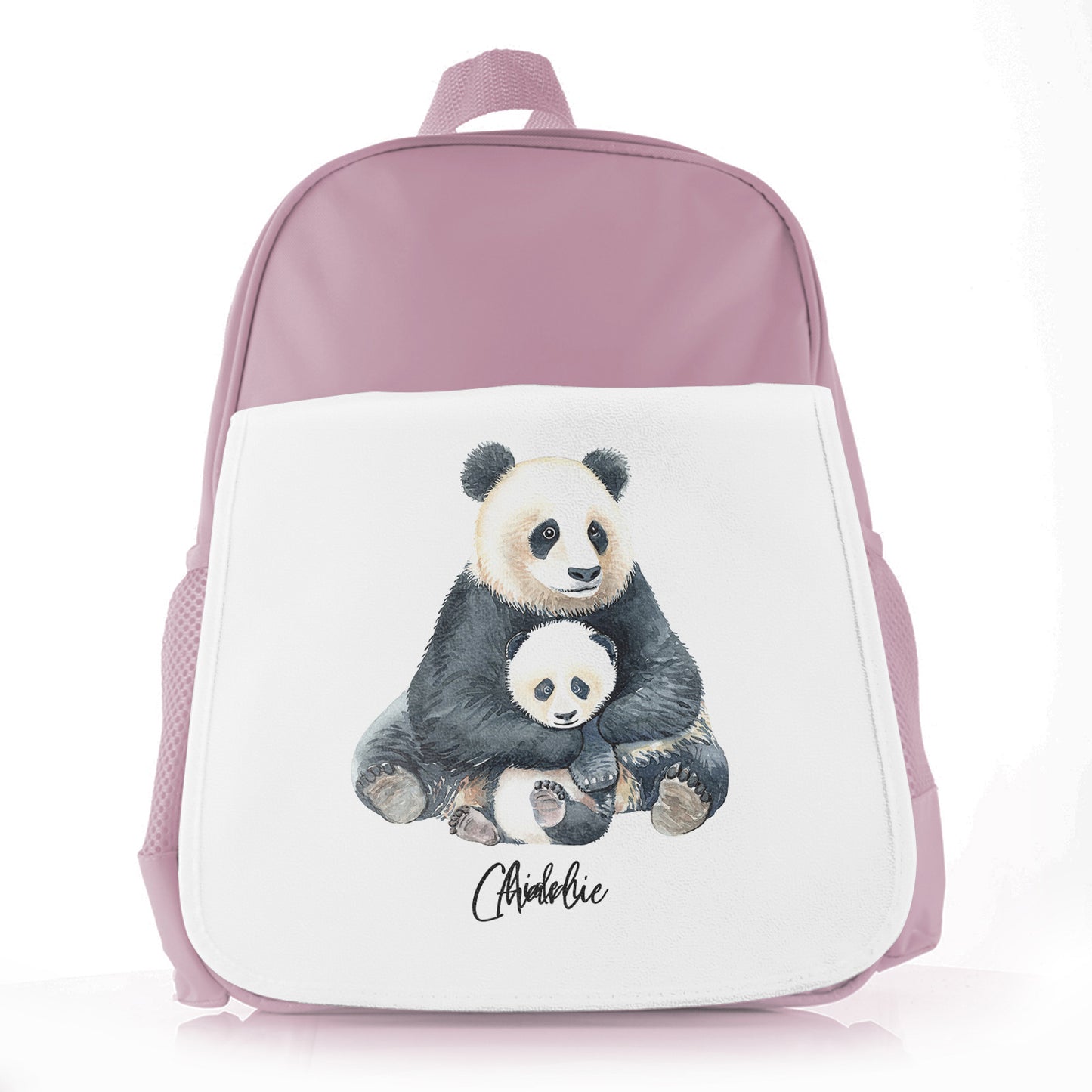 Personalised School Bag with Welcoming Text and Relaxing Mum and Baby Pandas