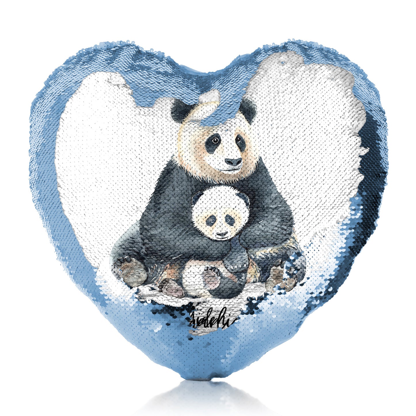 Personalised Sequin Heart Cushion with Welcoming Text and Relaxing Mum and Baby Pandas