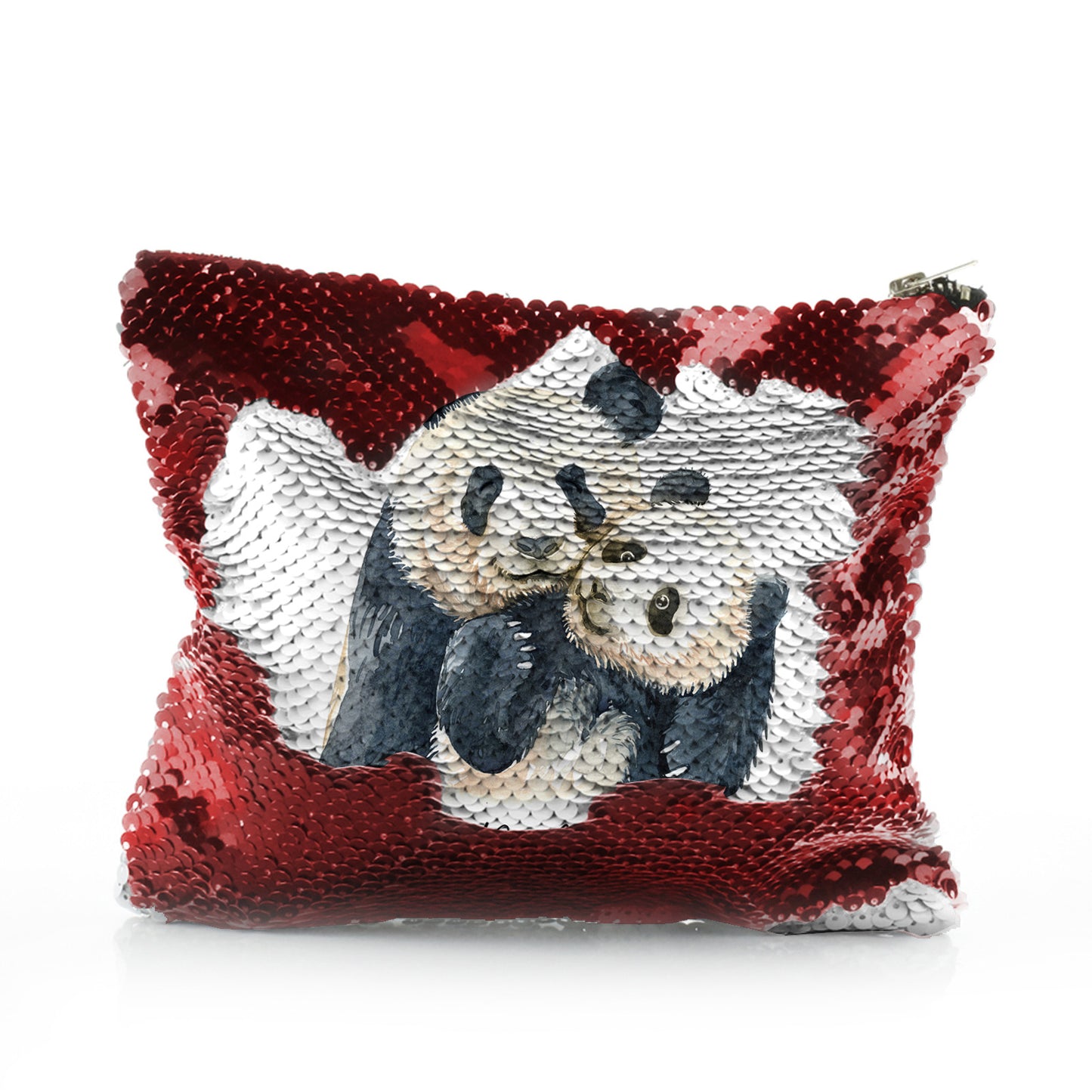 Personalised Sequin Zip Bag with Welcoming Text and Embracing Mum and Baby Pandas
