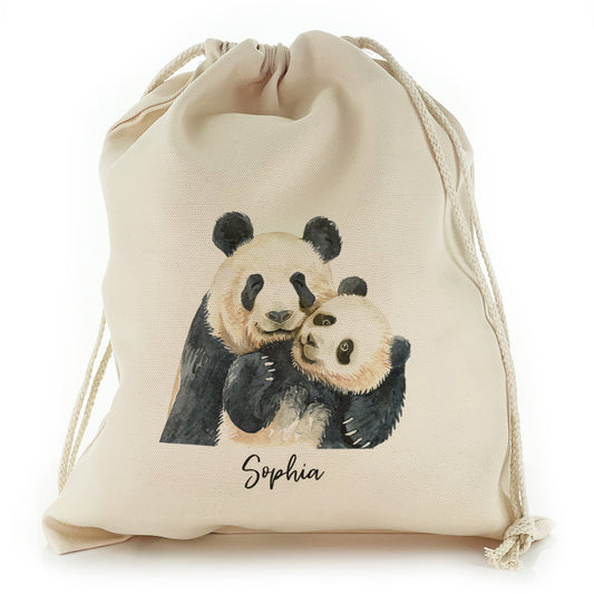 Personalised Canvas Sack with Welcoming Text and Embracing Mum and Baby Pandas